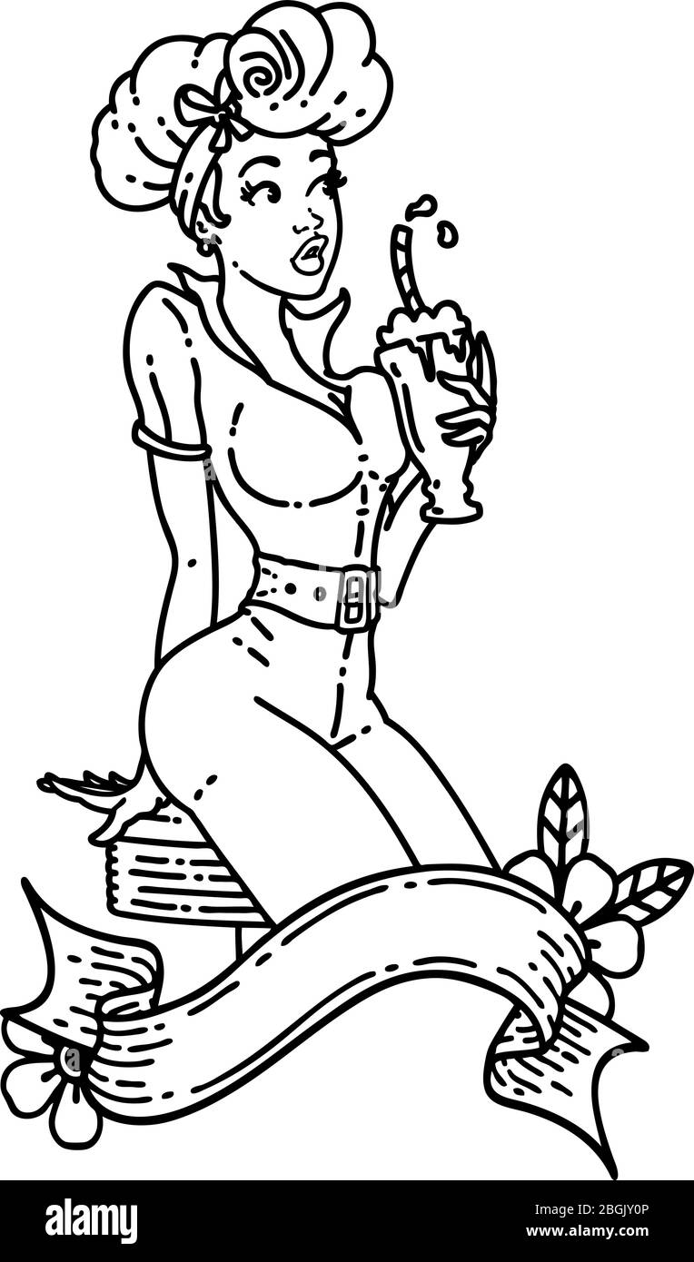 tatouage en ligne noire style d'une fille de pin buvant un milkshake avec bannière Illustration de Vecteur