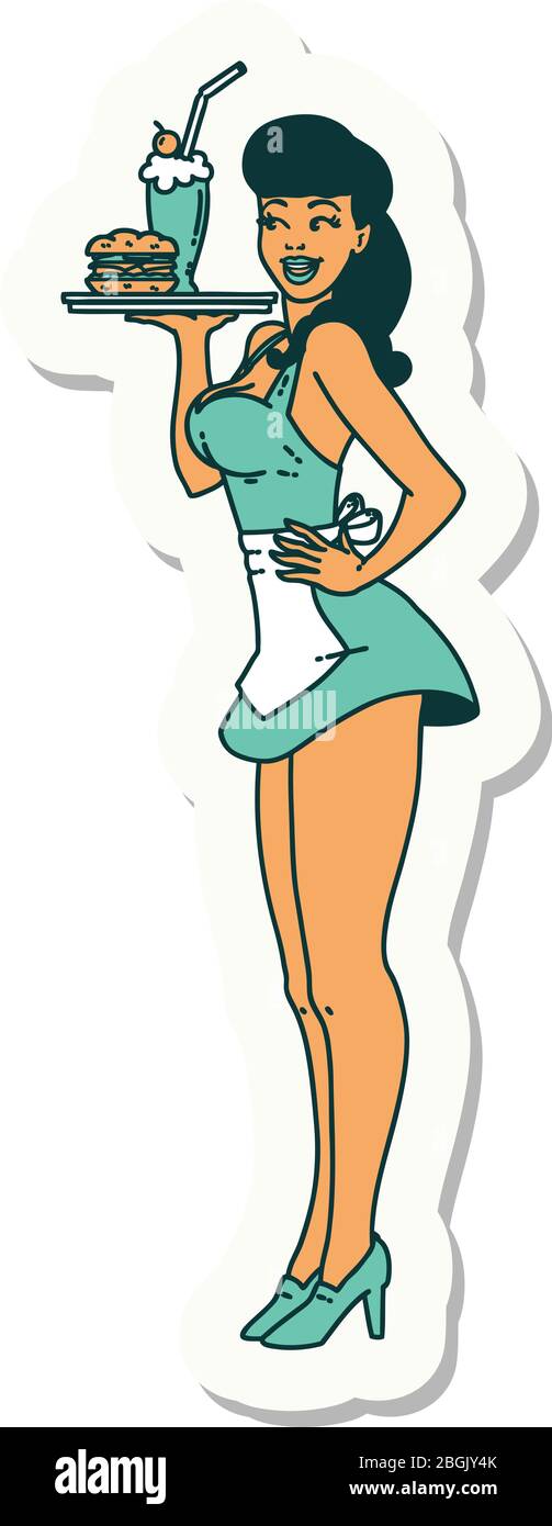 autocollant de tatouage dans le style traditionnel d'une fille de serveuse de brochage Illustration de Vecteur