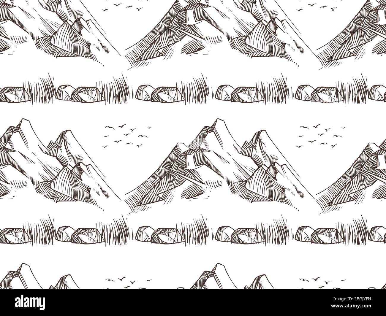 Paysage de montagne conception d'arrière-plan sans couture, noir blanc. Illustration vectorielle Illustration de Vecteur