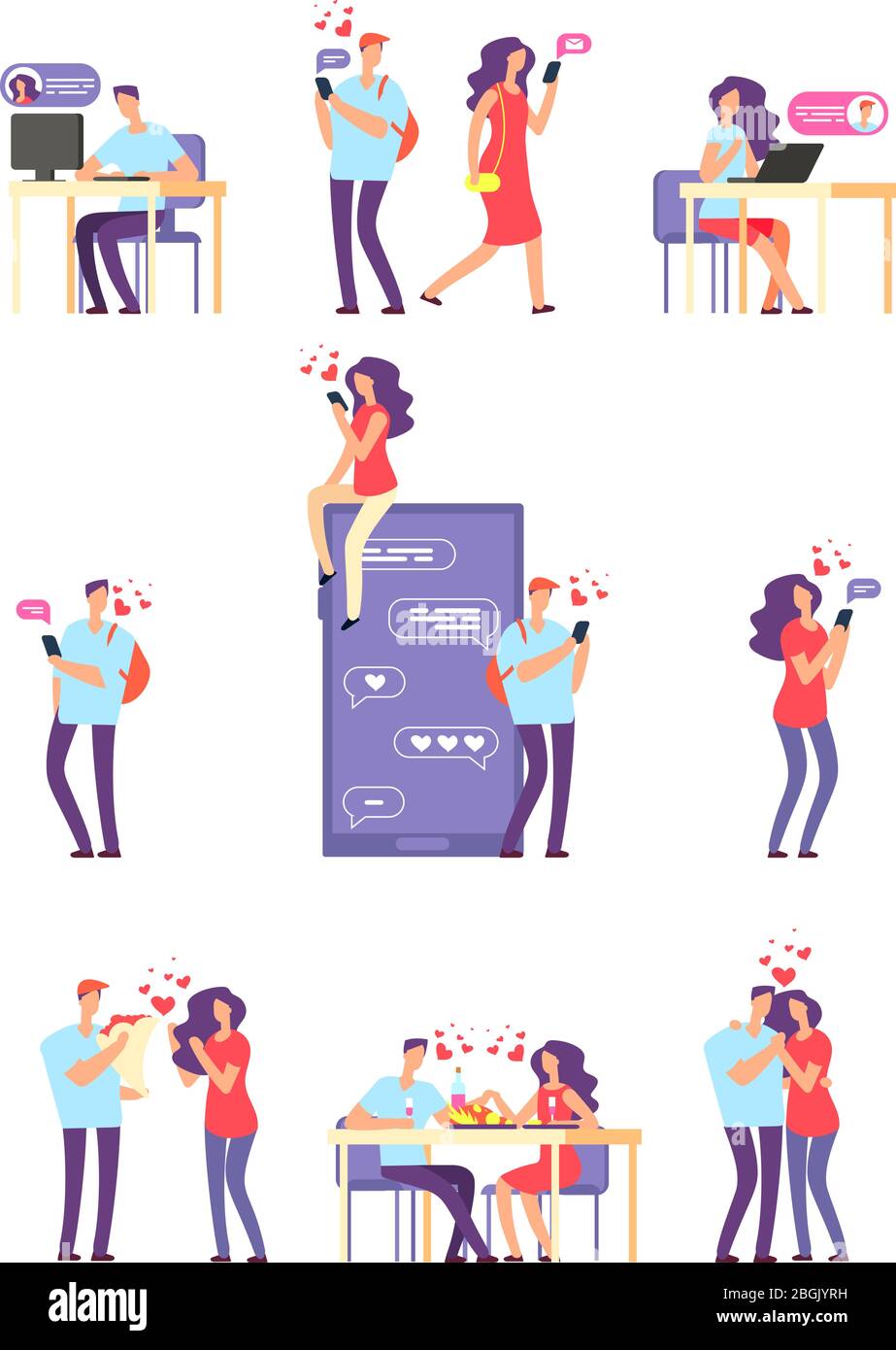 Rencontres romantiques en ligne. Homme et femme, couple mignon utilisant l'application mobile pour parler et aimer la relation. Concept vectoriel. Datation et amour, en ligne homme et femme illustration de la relation Illustration de Vecteur