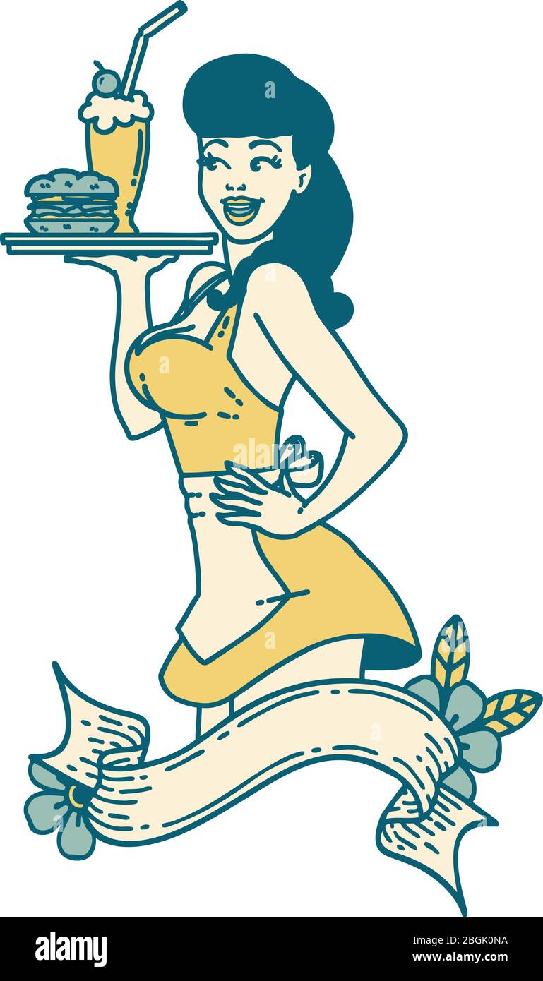 tatouage dans le style traditionnel d'une fille de serveuse de brochage avec bannière Illustration de Vecteur