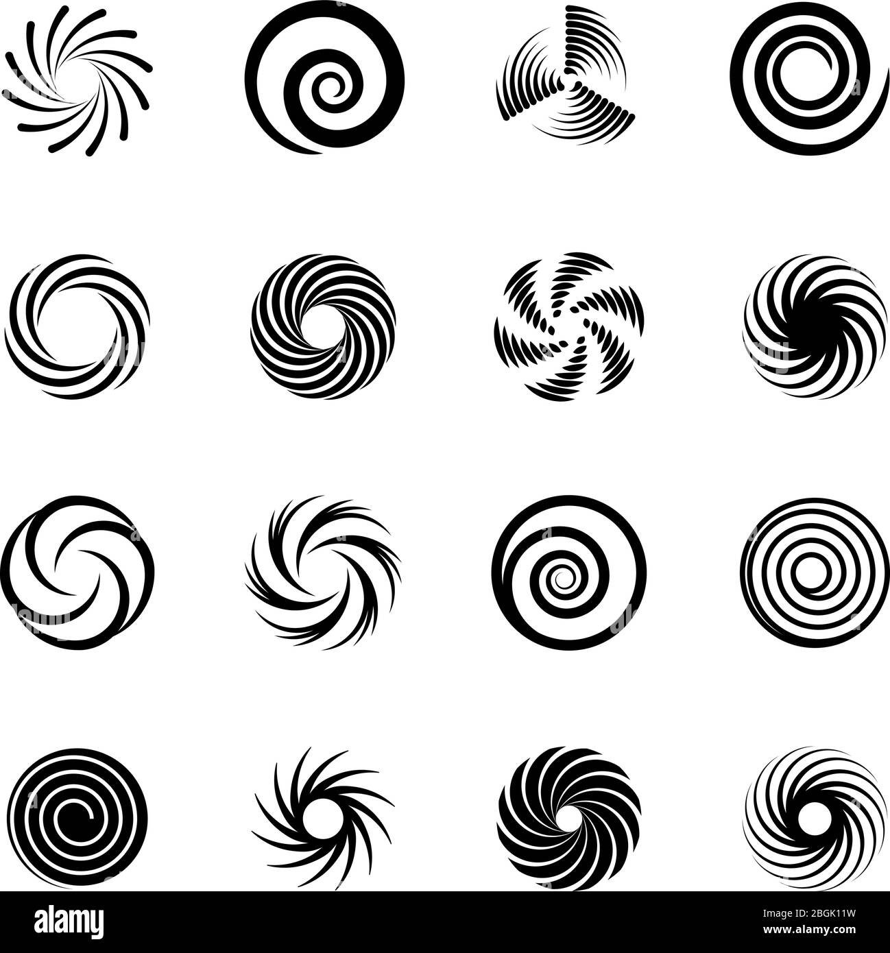 Spirales et tourbillons. Bain bouillonnant et tourbillon. Mouvement abstrait torsion cercles icônes vectorielles isolées. Illustration des mouvements tournants, spirales et tournants, des bains à remous et des spirales Illustration de Vecteur