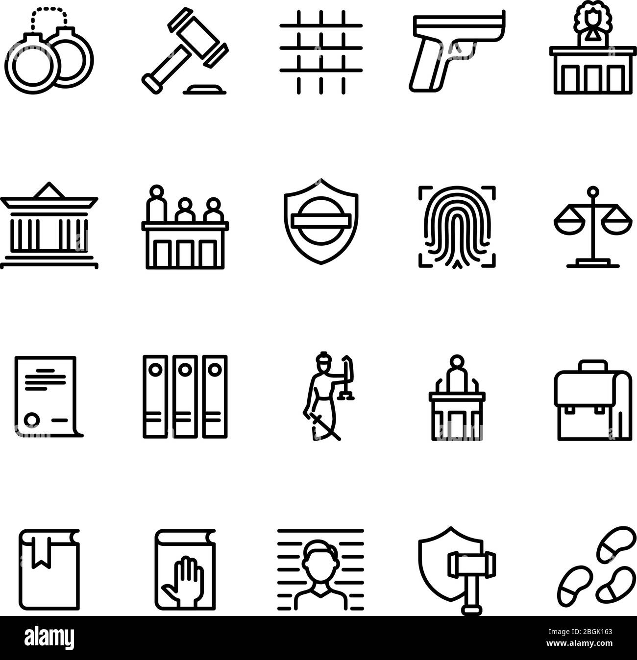 Icônes de la ligne de loi et de justice. Cour, juge et avocat. Symboles en ligne vectoriels de police criminelle. Illustration de la Cour et de l'avocat, du droit et de la justice Illustration de Vecteur