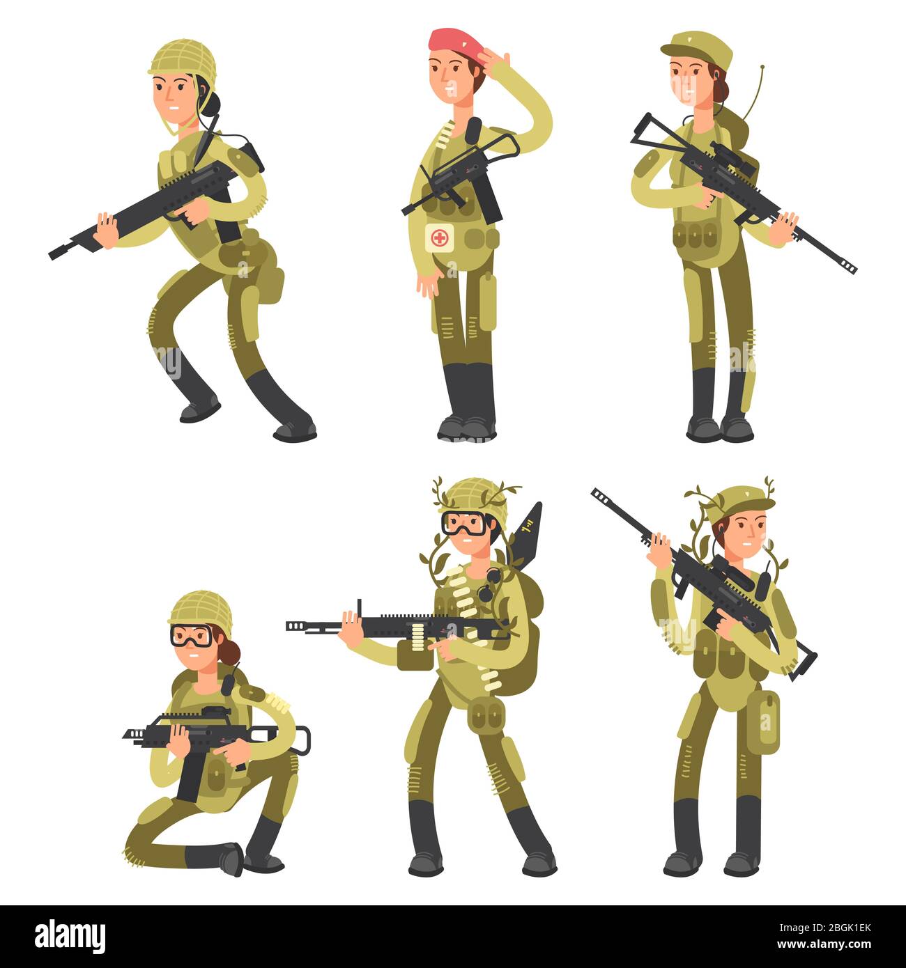 Les personnages de dessin animé des soldats féminins dans diverses actions vecteur isolé sur l'illustration blanche Illustration de Vecteur