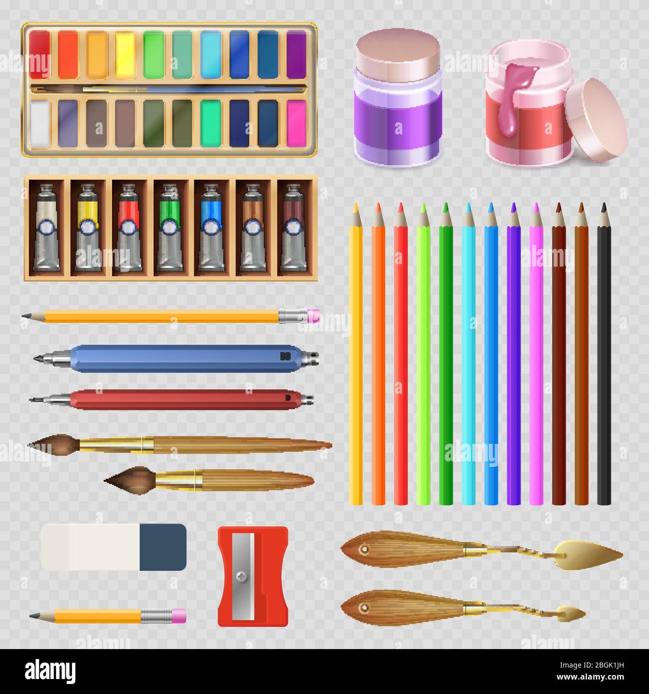 Outils artistiques réalistes isolés sur fond transparent. Instrument de peinture vectoriel, pinceau et crayon pour illustration de dessin Illustration de Vecteur