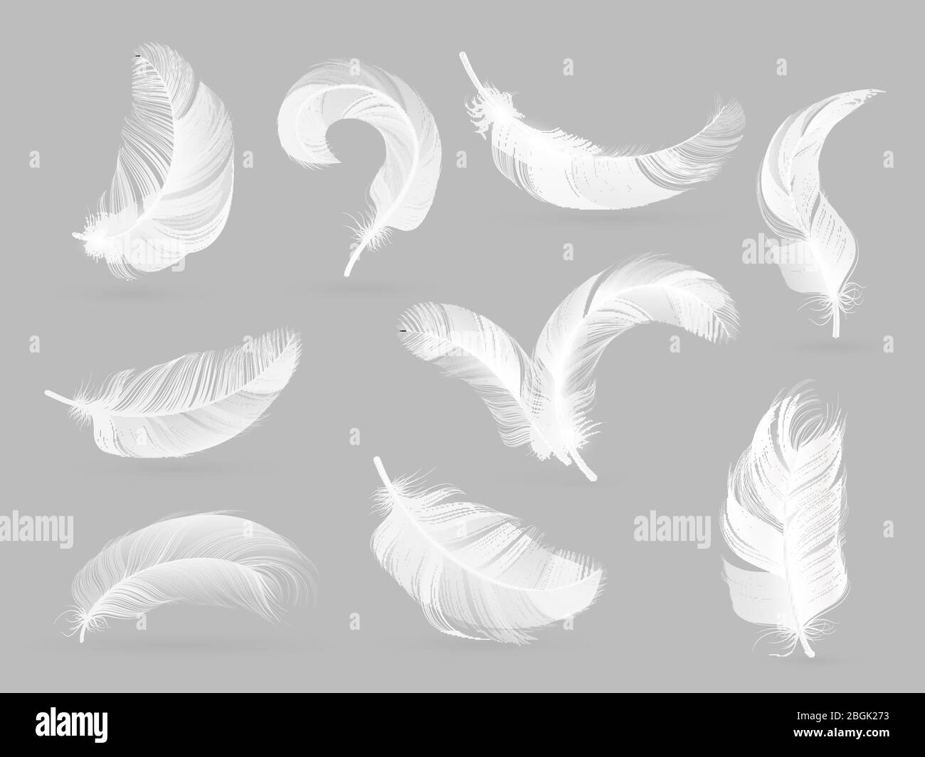 Plumes réalistes. Oiseau blanc tombant plume isolée sur fond blanc collection de vecteur. Illustration d'oiseau de plumes, panache blanc doux Illustration de Vecteur