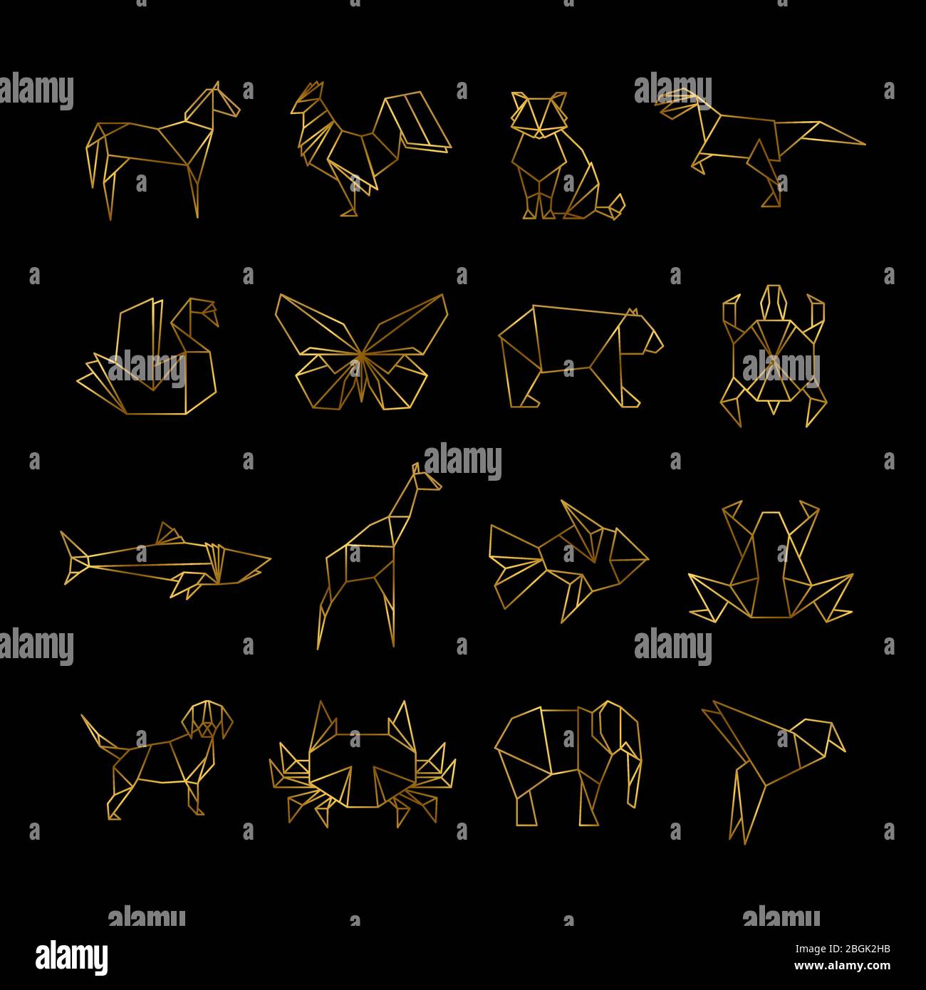 Golden japanese origami papier animaux vecteur des icônes de ligne de l'illustration de jeu Illustration de Vecteur