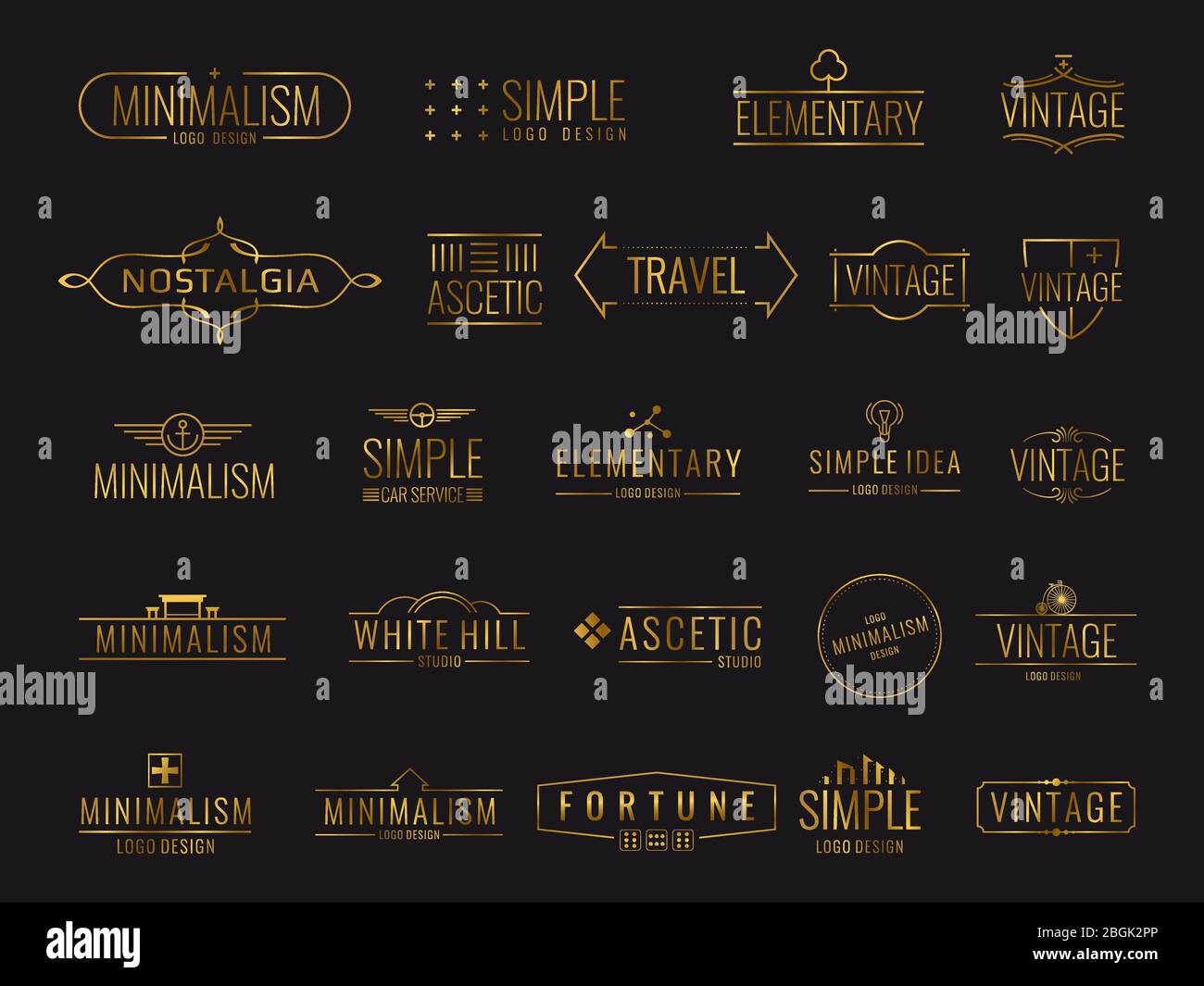 Logos vectoriels vintage minimum avec formes simples. Emblèmes de luxe dorés modernes pour l'illustration des étiquettes de shopping Illustration de Vecteur