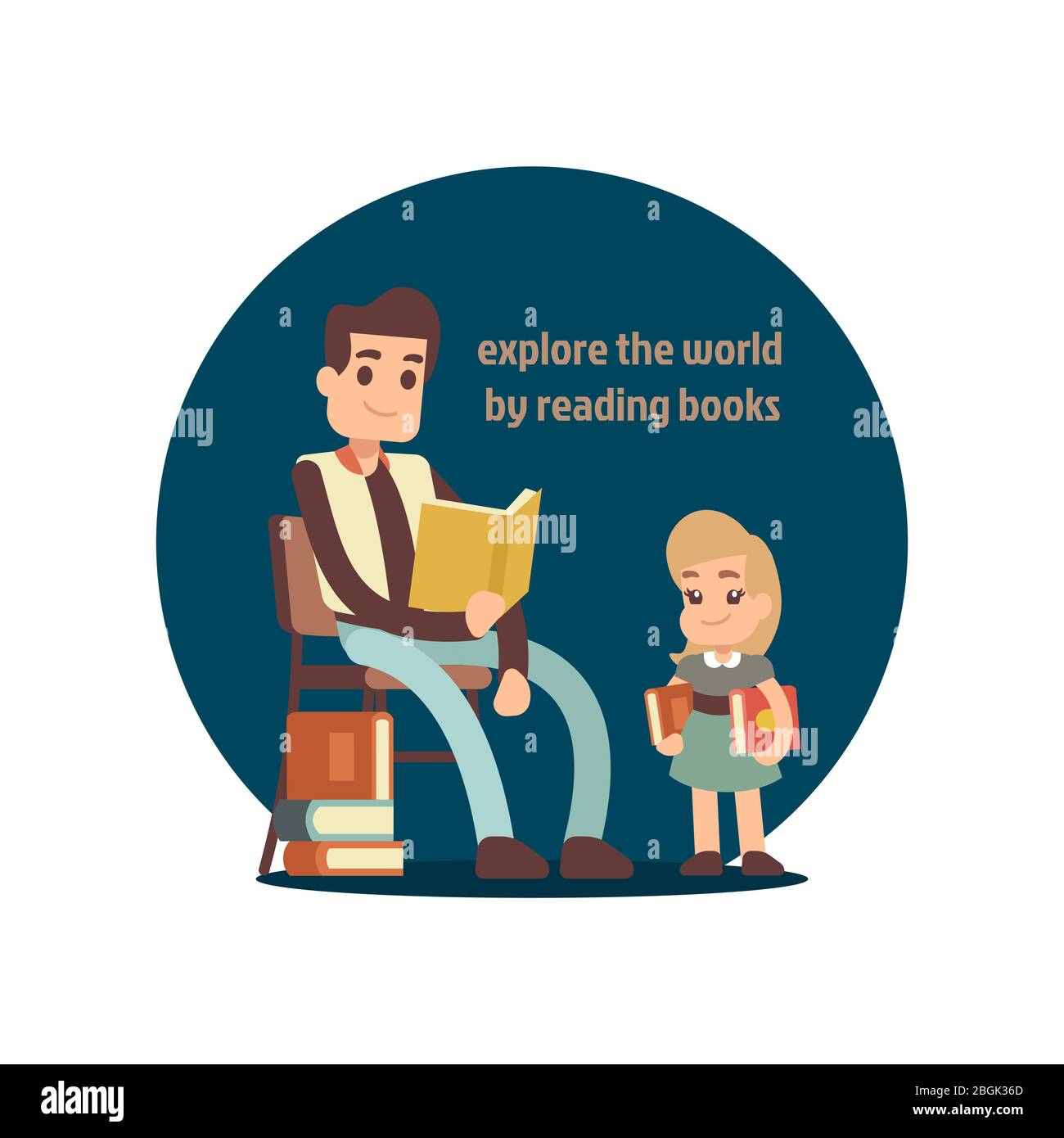 Jeune homme père lecture livre à petite fille fille illustration vectorielle Illustration de Vecteur