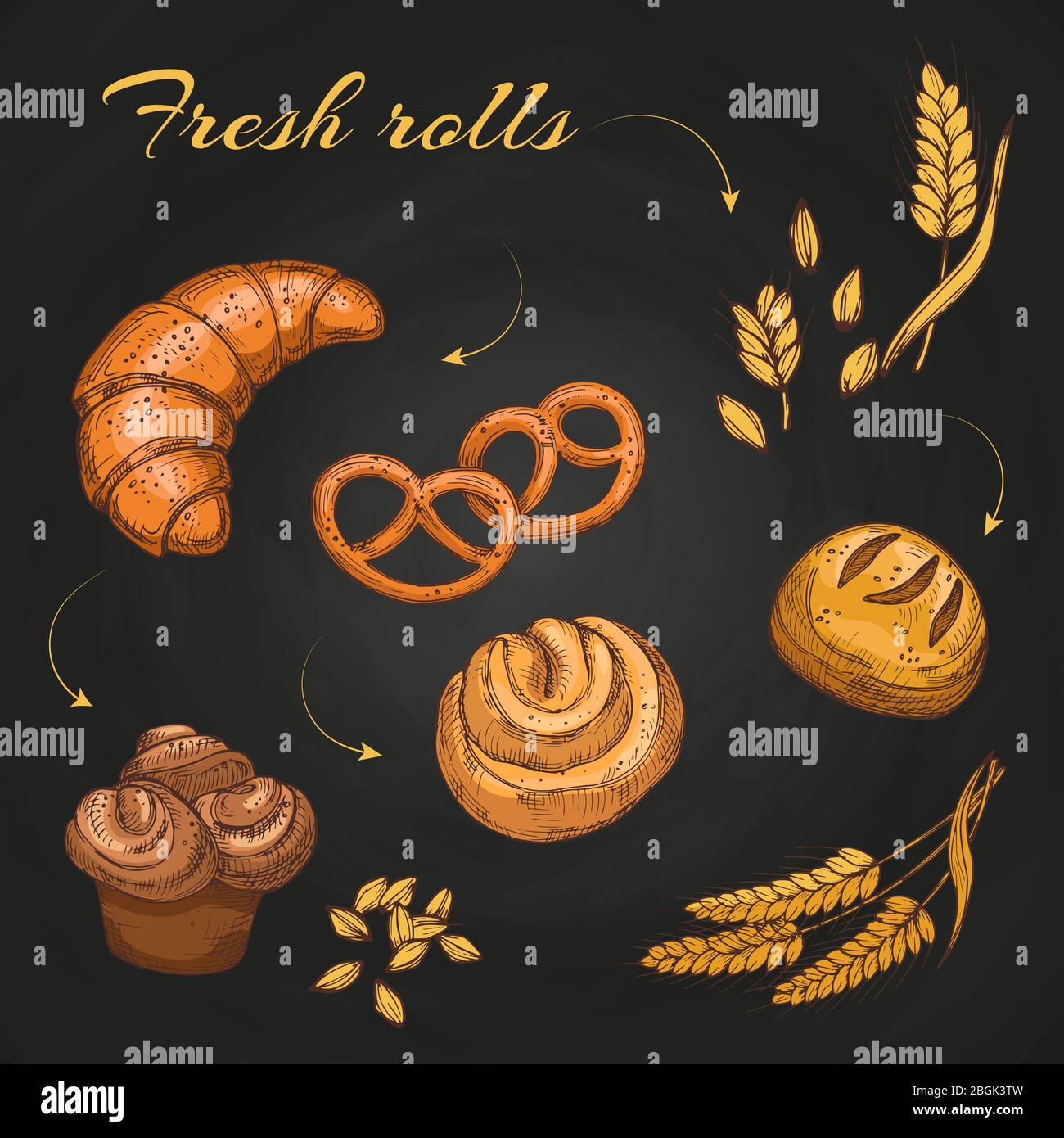 Rouleaux et petits pains sur tableau noir. Modèle vectoriel de menu de café de boulangerie de tableau de surveillance. Illustration de la pâtisserie et de la boulangerie, du pain et des rouleaux alimentaires Illustration de Vecteur