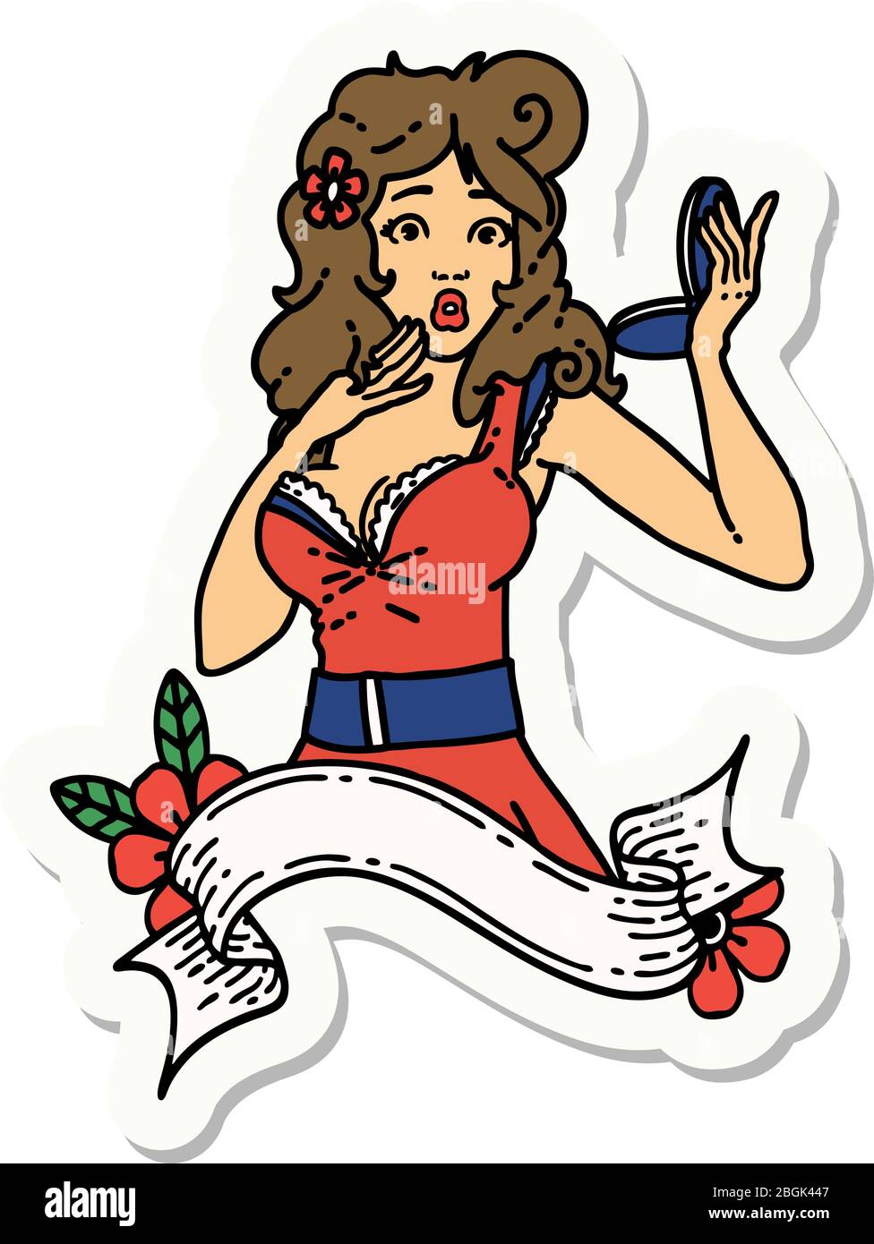 autocollant de tatouage dans le style traditionnel d'une pinup surprise fille avec bannière Illustration de Vecteur