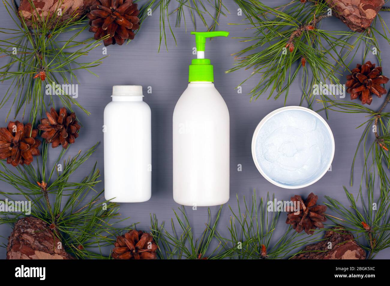 cosmétiques au goût conifères, branches et cônes d'arôme et de sapin. cosmétiques de beauté naturelle. Banque D'Images