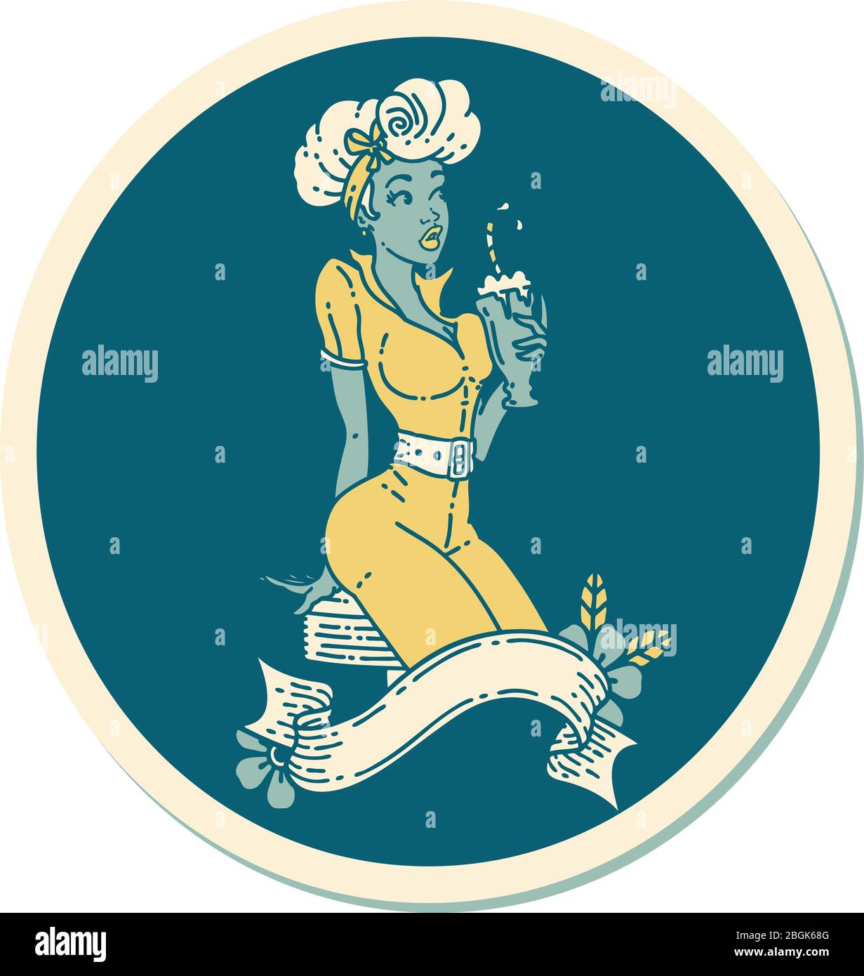 autocollant de tatouage dans le style traditionnel d'une jeune fille de pin buvant un milkshake avec bannière Illustration de Vecteur