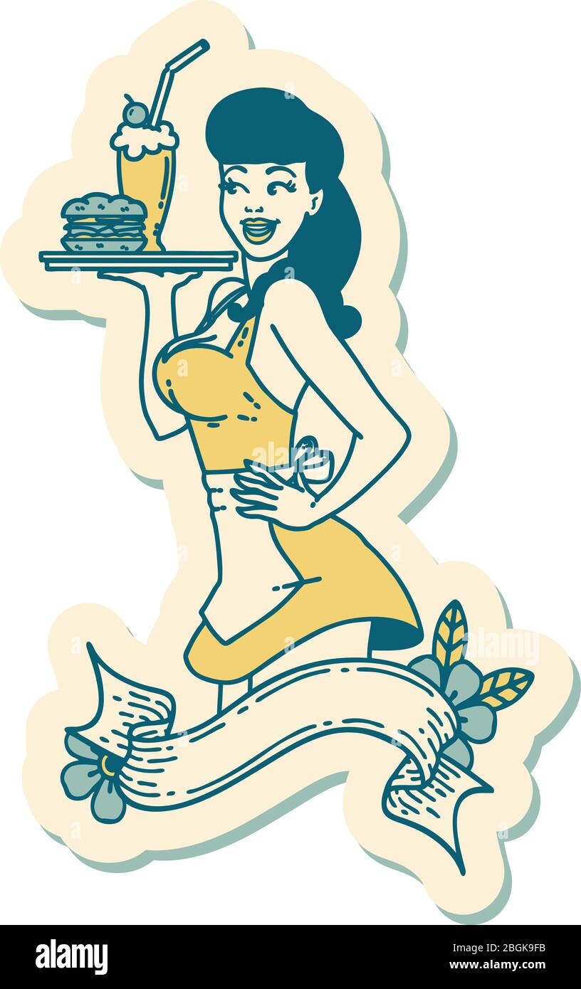 autocollant de tatouage dans le style traditionnel d'une fille de serveuse de brochage avec bannière Illustration de Vecteur