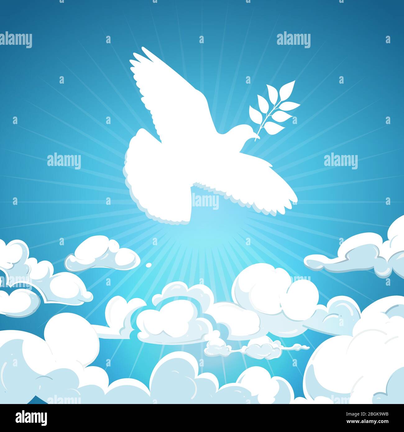 Dove de la paix voler dans le ciel. Pigeon blanc avec concept de fond de branche. Oiseau espoir, liberté volant dans l'illustration du ciel Illustration de Vecteur