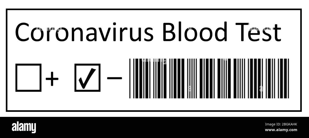 Test pour analyse de sang COVID-19, test pour coronavirus. Écriture sur tube à essai avec résultats positifs et négatifs pour le coronavirus Covid-19. Banque D'Images
