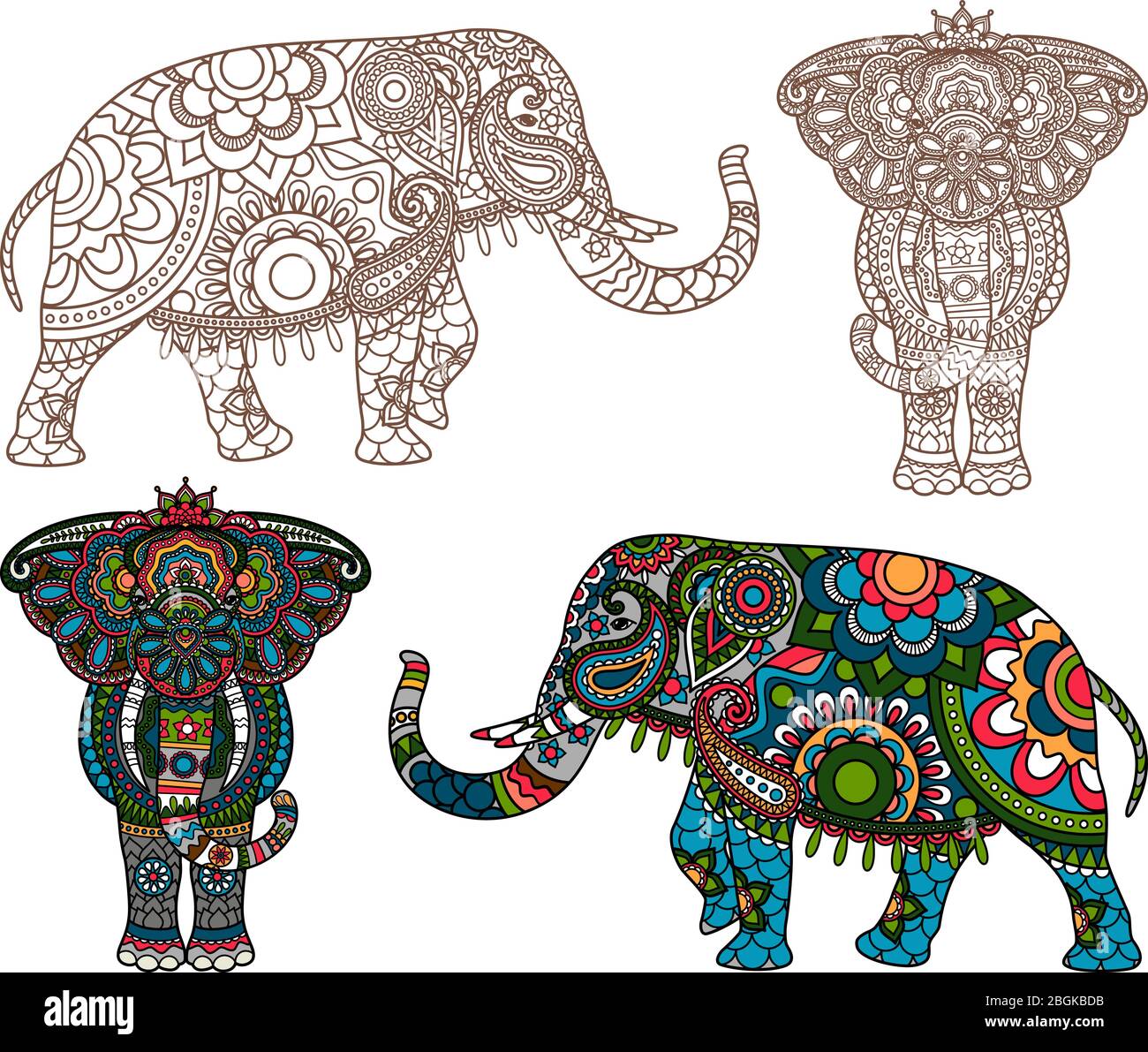 Silhouette et couleur éléphant indien à la décoration vectorielle Illustration de Vecteur