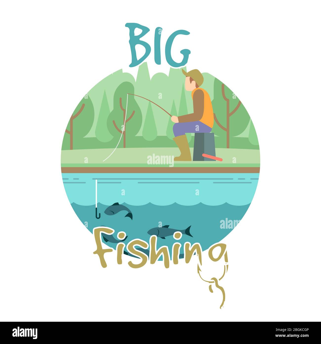 Concept vectoriel de pêche avec homme pêcheur et icône paysage isolée sur l'illustration blanche Illustration de Vecteur