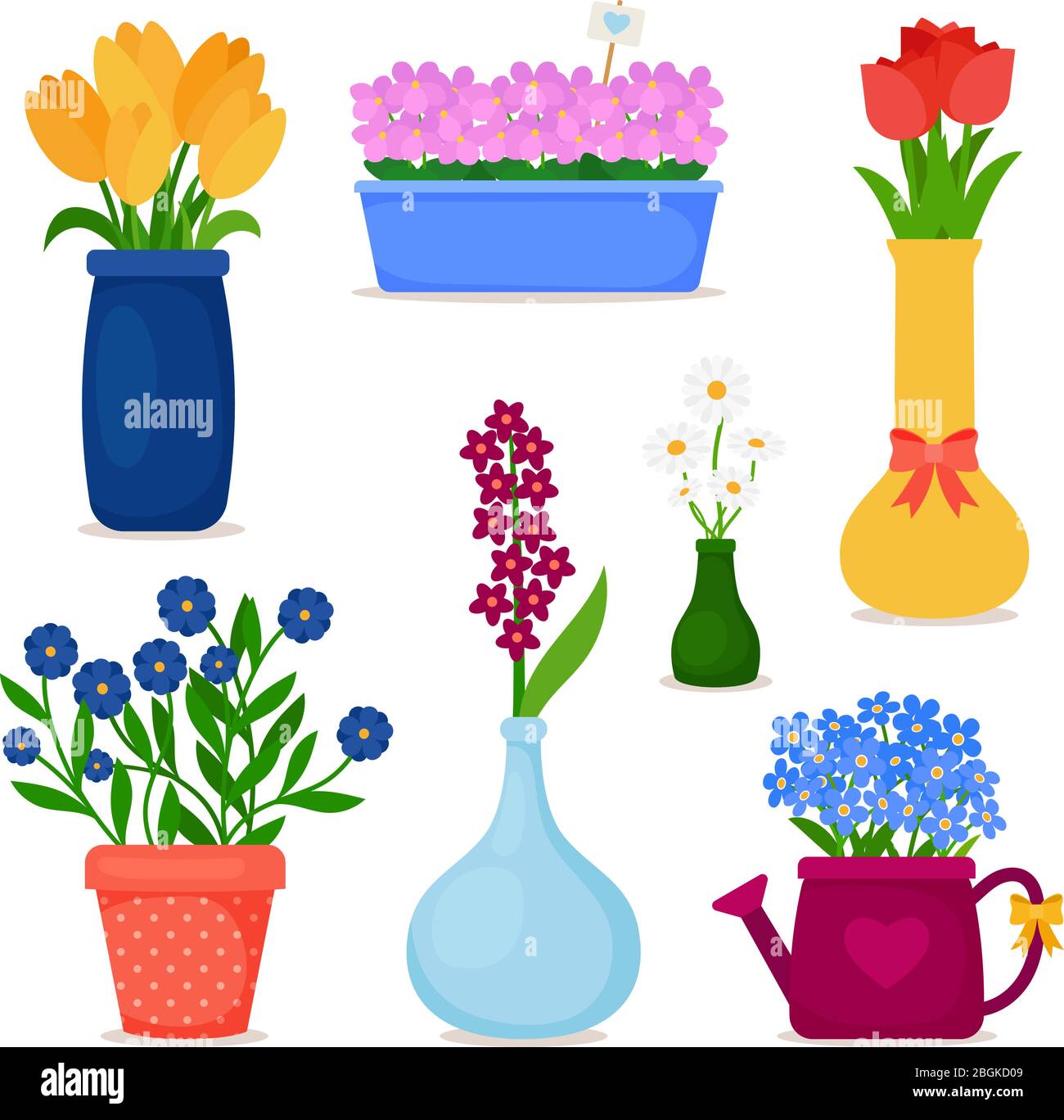 Fleurs printanières en pots et fleurs en vase. Icônes vectorielles de bouquet. Illustration de Vecteur