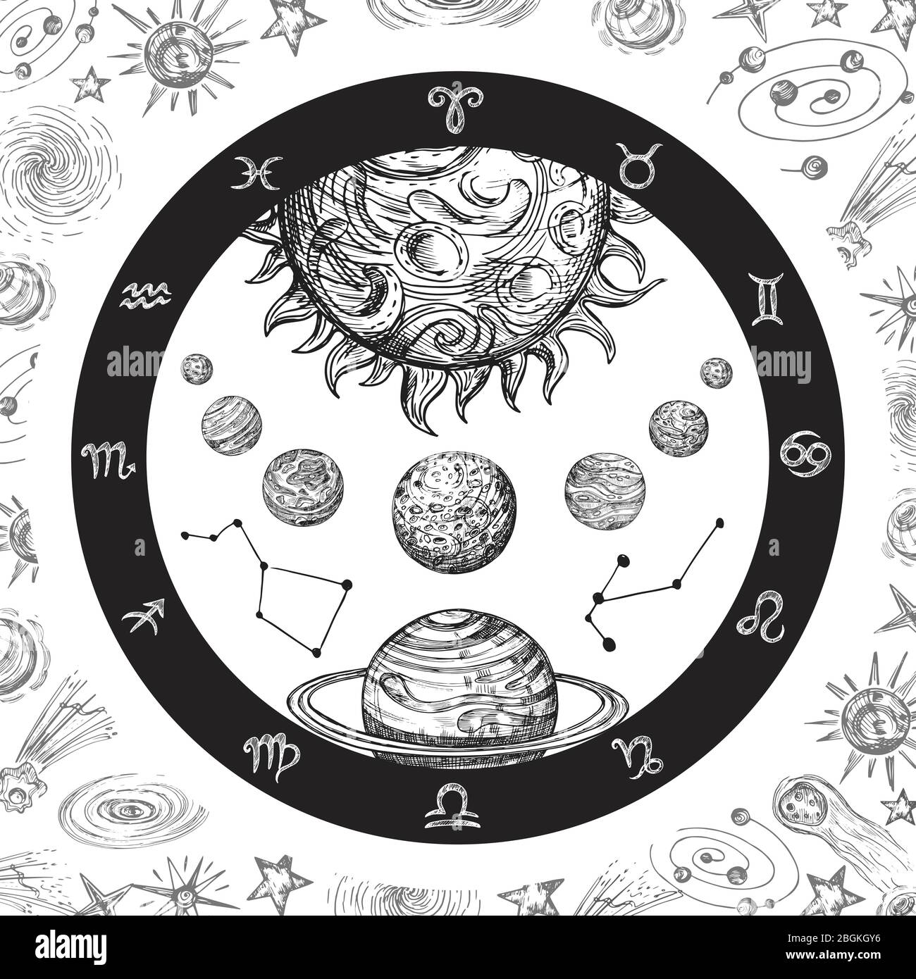 Concept d'astrologie avec les planètes. Univers dessiné à la main, système planétaire et constellations de zodiaque. Illustration vectorielle vintage art. Astrologie zodia Illustration de Vecteur