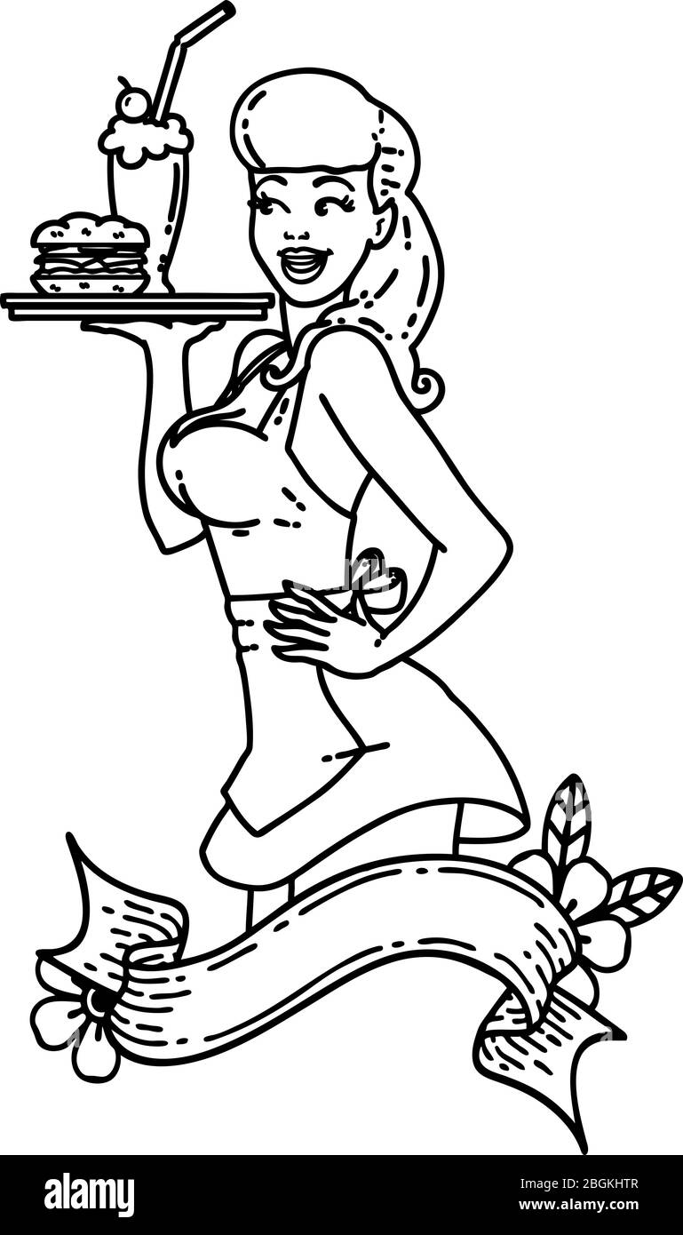 tatouage en ligne noire style d'une fille de serveuse de brochage avec bannière Illustration de Vecteur