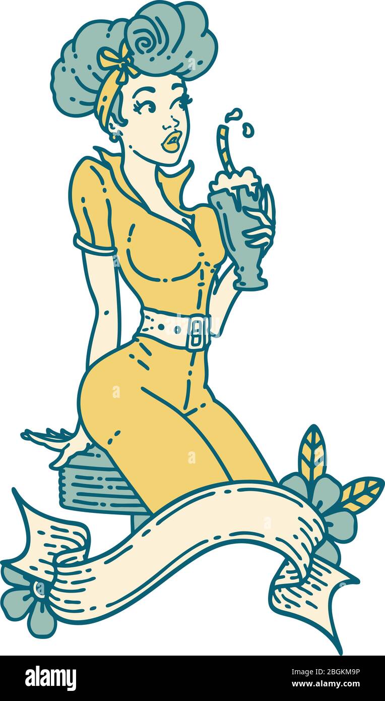tatouage dans le style traditionnel d'une fille de pin buvant un milkshake avec bannière Illustration de Vecteur