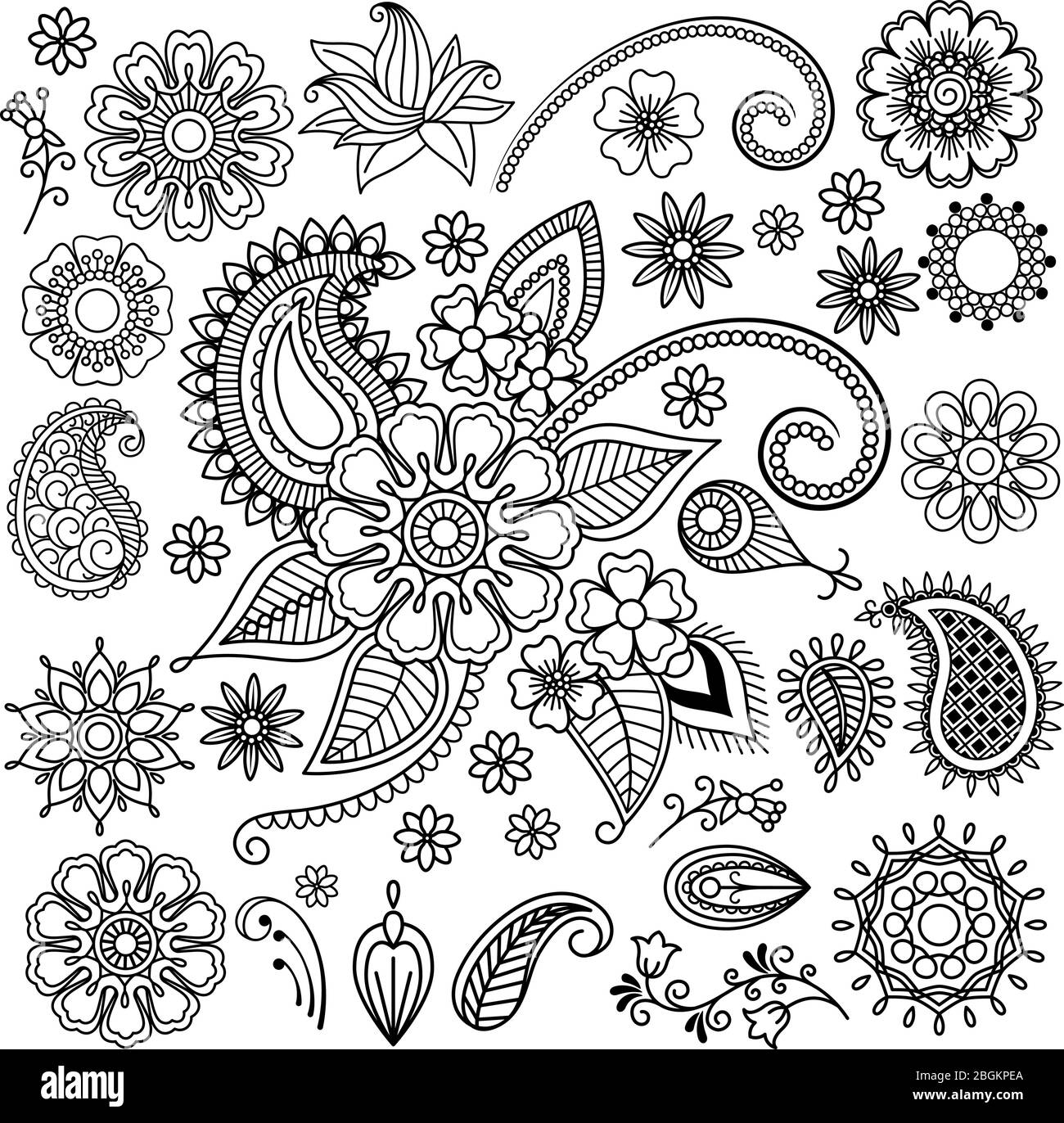 Éléments vectoriels à motif fleurs de cachemire de l'ethnie Mehndi Tattoo Doodle Henna Illustration de Vecteur