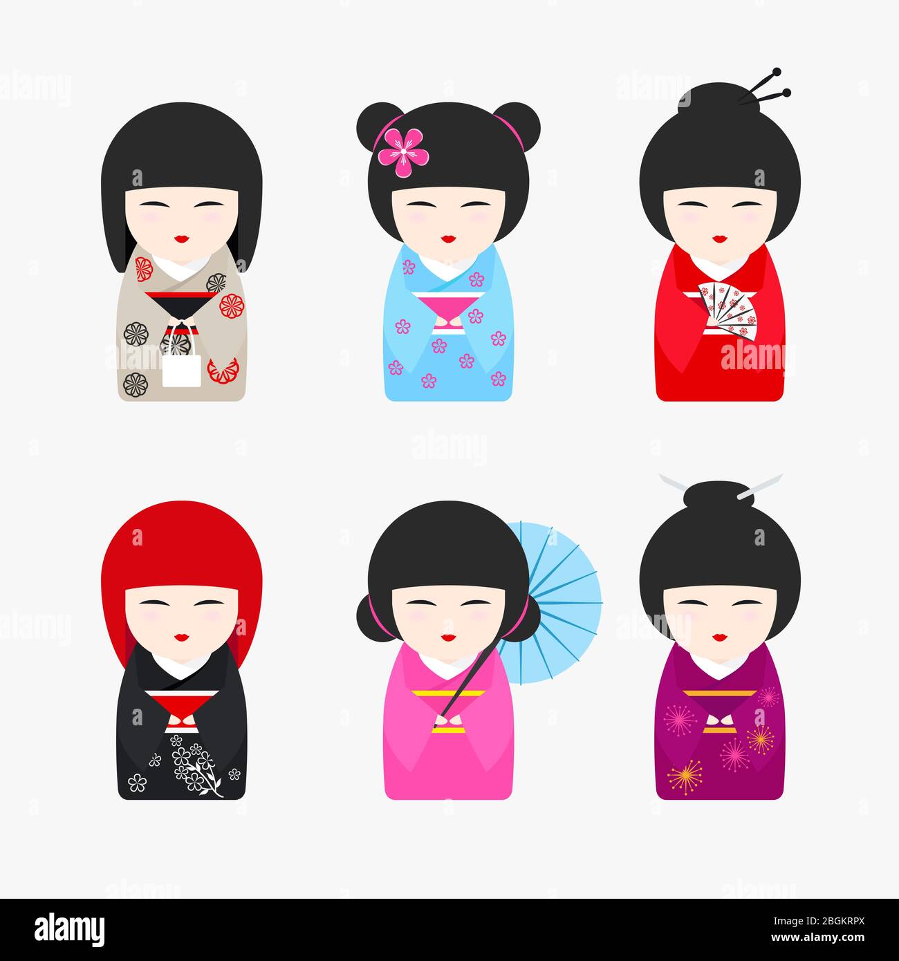 Icônes japonaises de Kokeshi Dolls. Les filles asiatiques Kawaii portent un kimono sur fond blanc. Illustration vectorielle Illustration de Vecteur