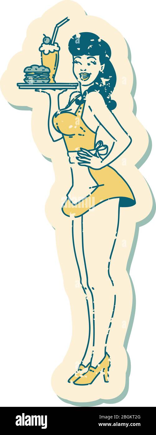 tatouage d'autocollant vieilli dans le style traditionnel d'une fille de serveuse de broche Illustration de Vecteur