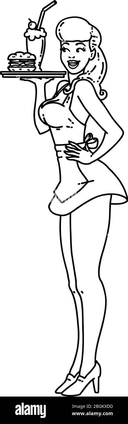 tatouage en ligne noire style d'une fille de serveuse de broche Illustration de Vecteur