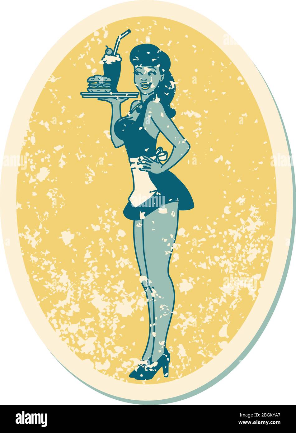 tatouage d'autocollant vieilli dans le style traditionnel d'une fille de serveuse de broche Illustration de Vecteur