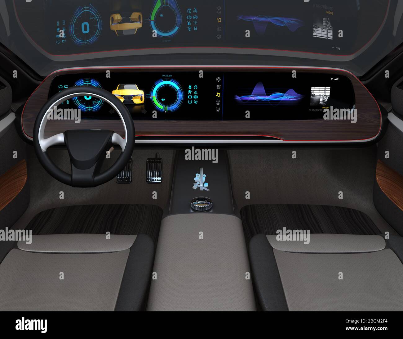 Intérieur de voiture électrique autopilotante équipée d'un grand écran multimédia numérique. Conception générique. Image de rendu 3D. Banque D'Images