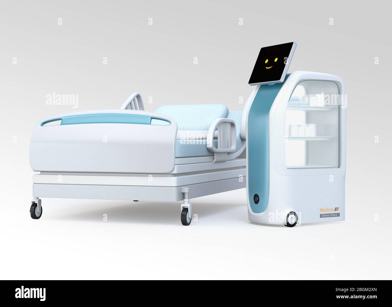 Robot médical et lit sur fond gris. Concept de prévention des infections. Image de rendu 3D. Banque D'Images