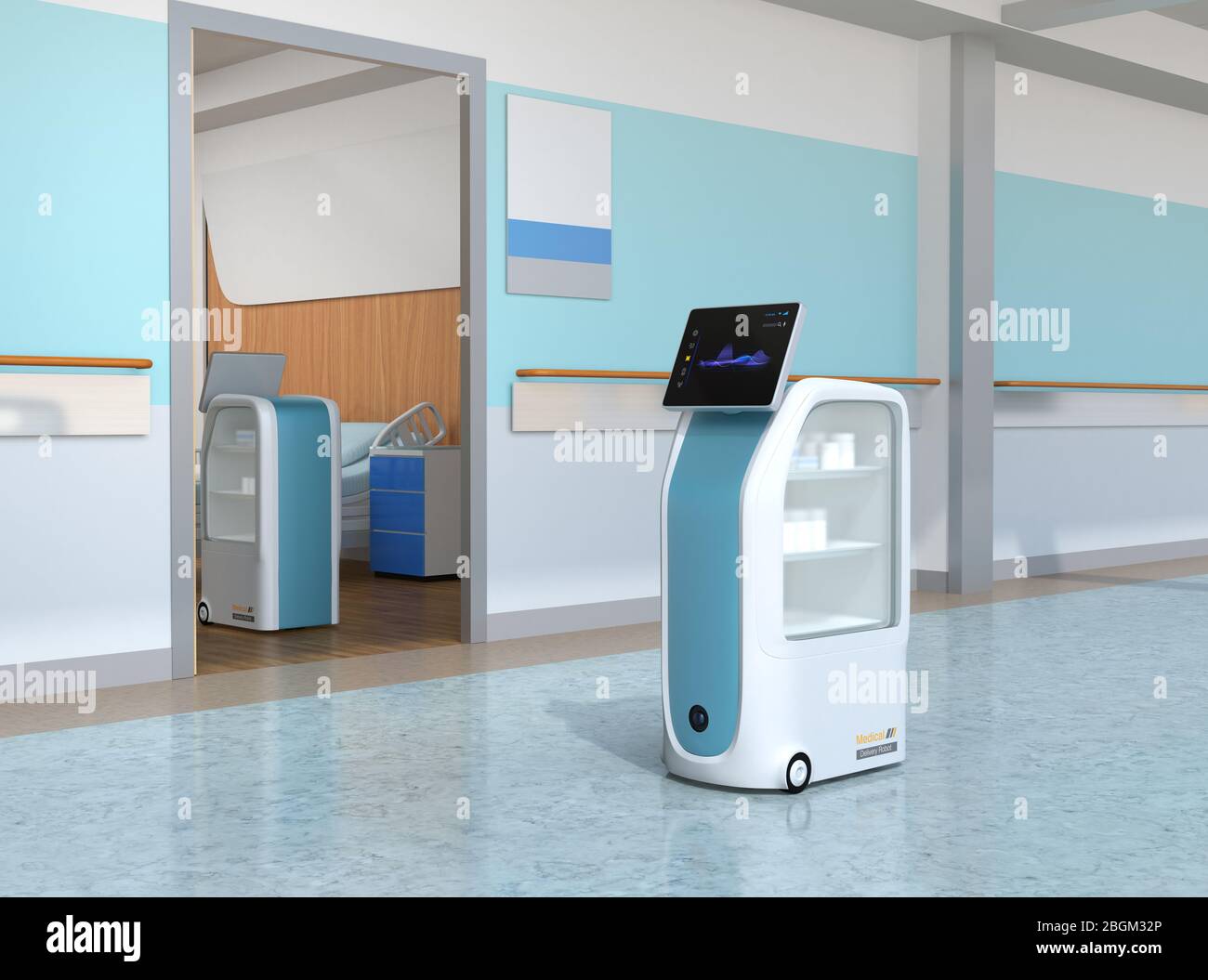 Robots de livraison médicale travaillant à l'hôpital. Concept de prévention des infections. Image de rendu 3D. Banque D'Images