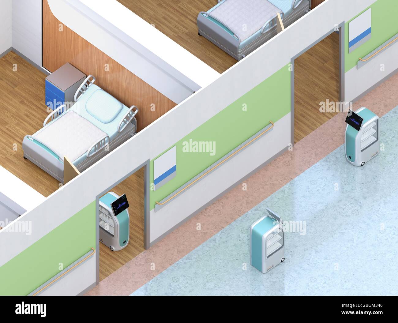 Vue isométrique des robots de livraison médicale travaillant à l'hôpital. Concept de prévention des infections. Image de rendu 3D. Banque D'Images
