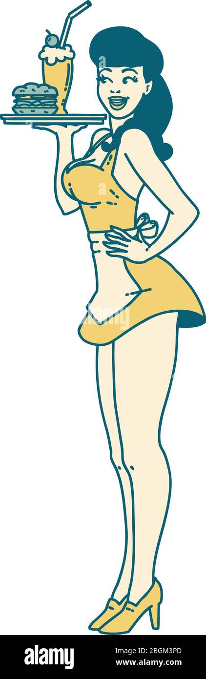 tatouage dans le style traditionnel d'une fille de serveuse de broche Illustration de Vecteur