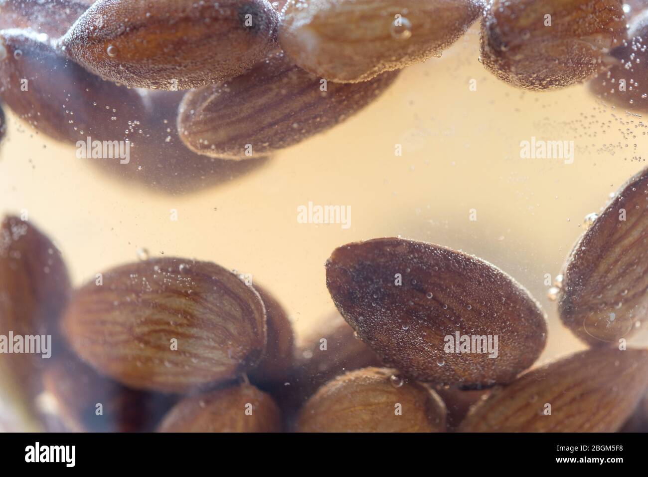 Amandes brunes trempées dans l'eau de gros plan, délicieux macro Banque D'Images