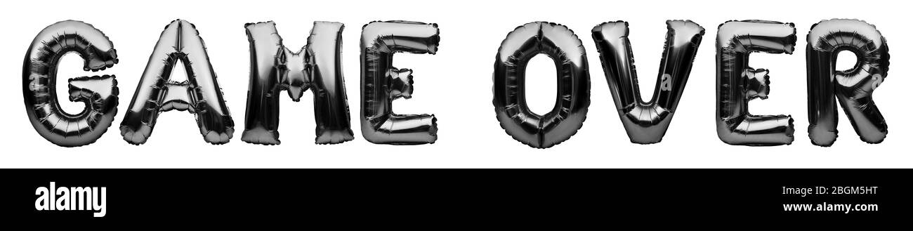 Mots JEU SUR fait de ballons gonflables noirs isolés sur fond blanc. Ballons d'hélium feuille noire formant jeu de mots Banque D'Images