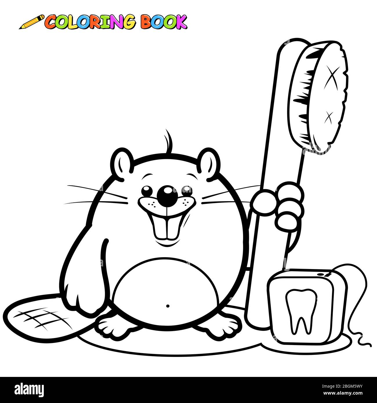 Un joli castor souriant et tenant une brosse à dents et un fil dentaire. Page de coloration noir et blanc. Banque D'Images