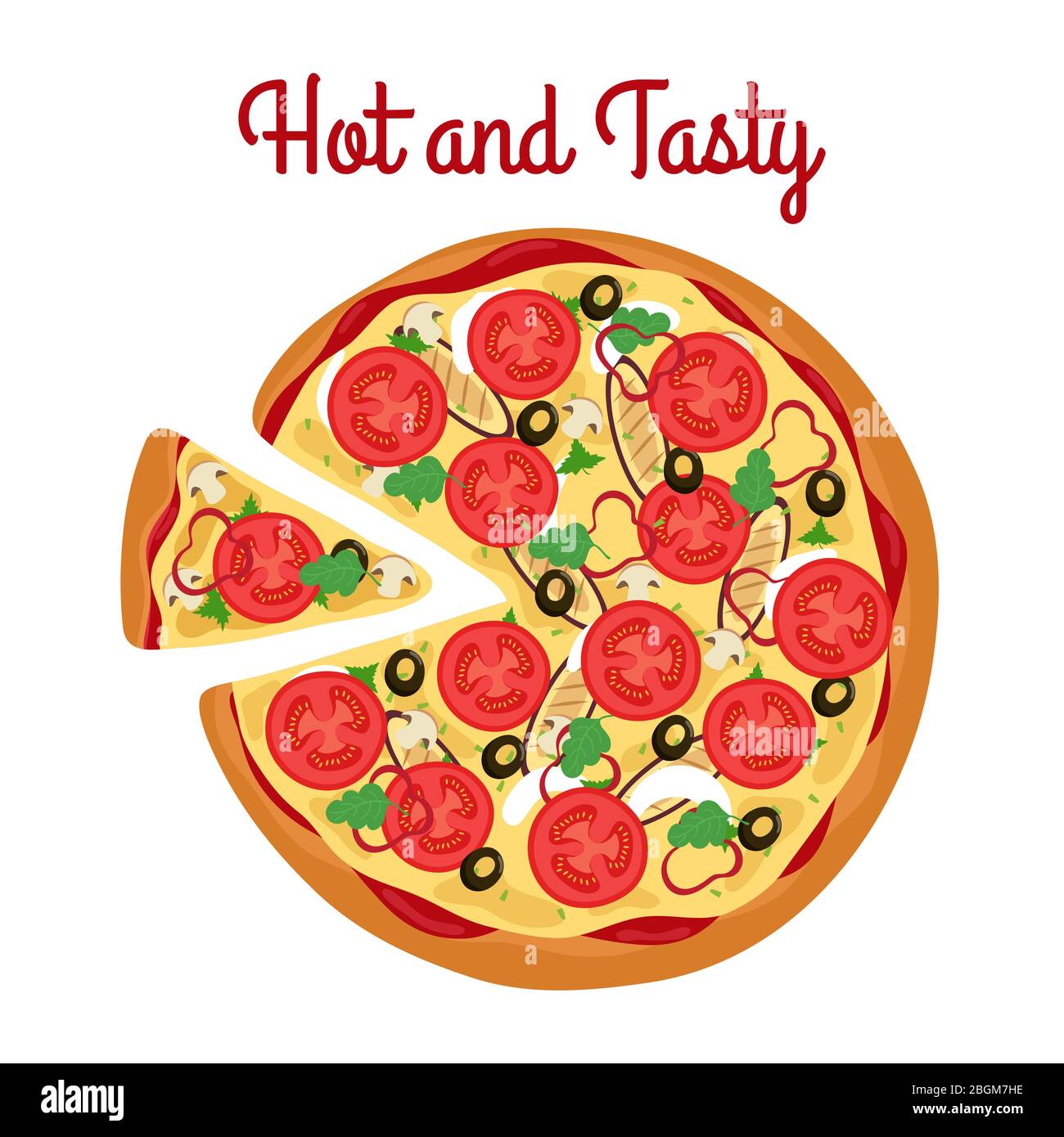 Pizza végétarienne avec des légumes verts, champignons, vecteur olive isolé sur fond blanc. Illustration de plats savoureux à l'anb chaud Illustration de Vecteur