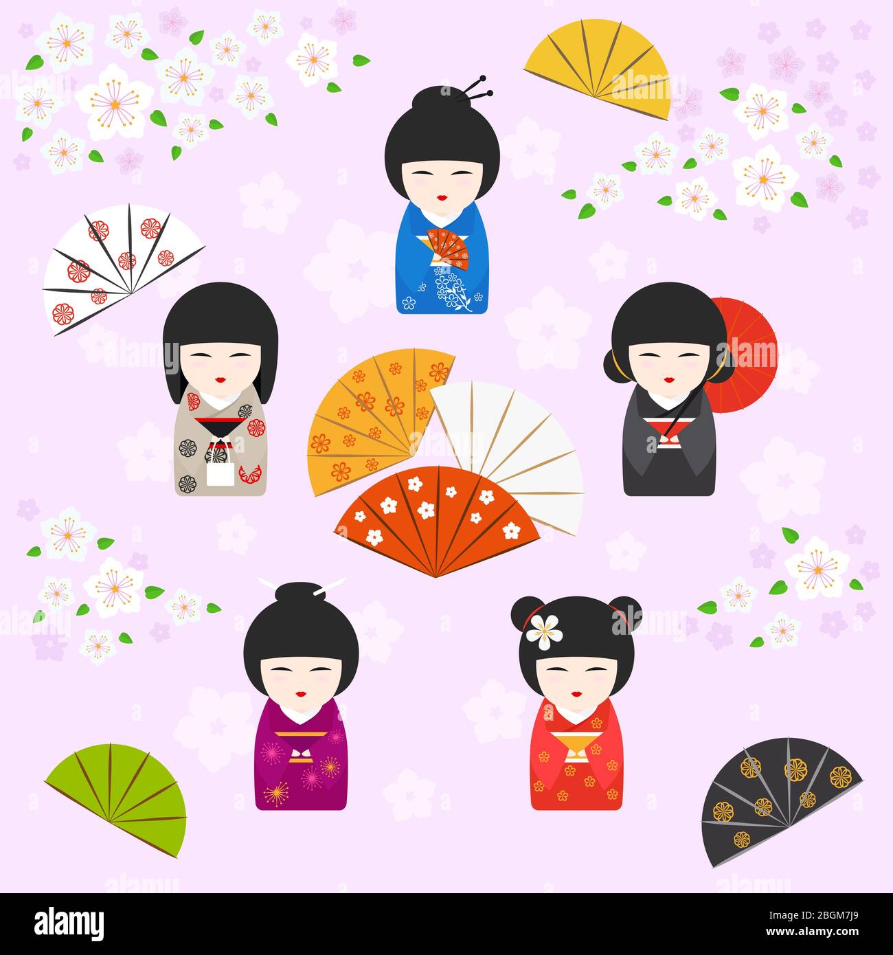 Poupées japonaises geisha kokeshi fond avec fleurs de cerisier, fans et parapluie sur fond rose. Illustration vectorielle Illustration de Vecteur