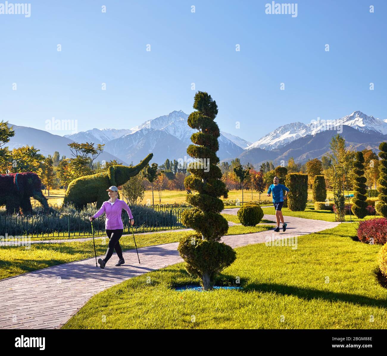 Jeune couple en formation parc des Topiaires. L'homme est le jogging et la femme faisant de la marche nordique avec des bâtons. Concept de vie en bonne santé. Banque D'Images