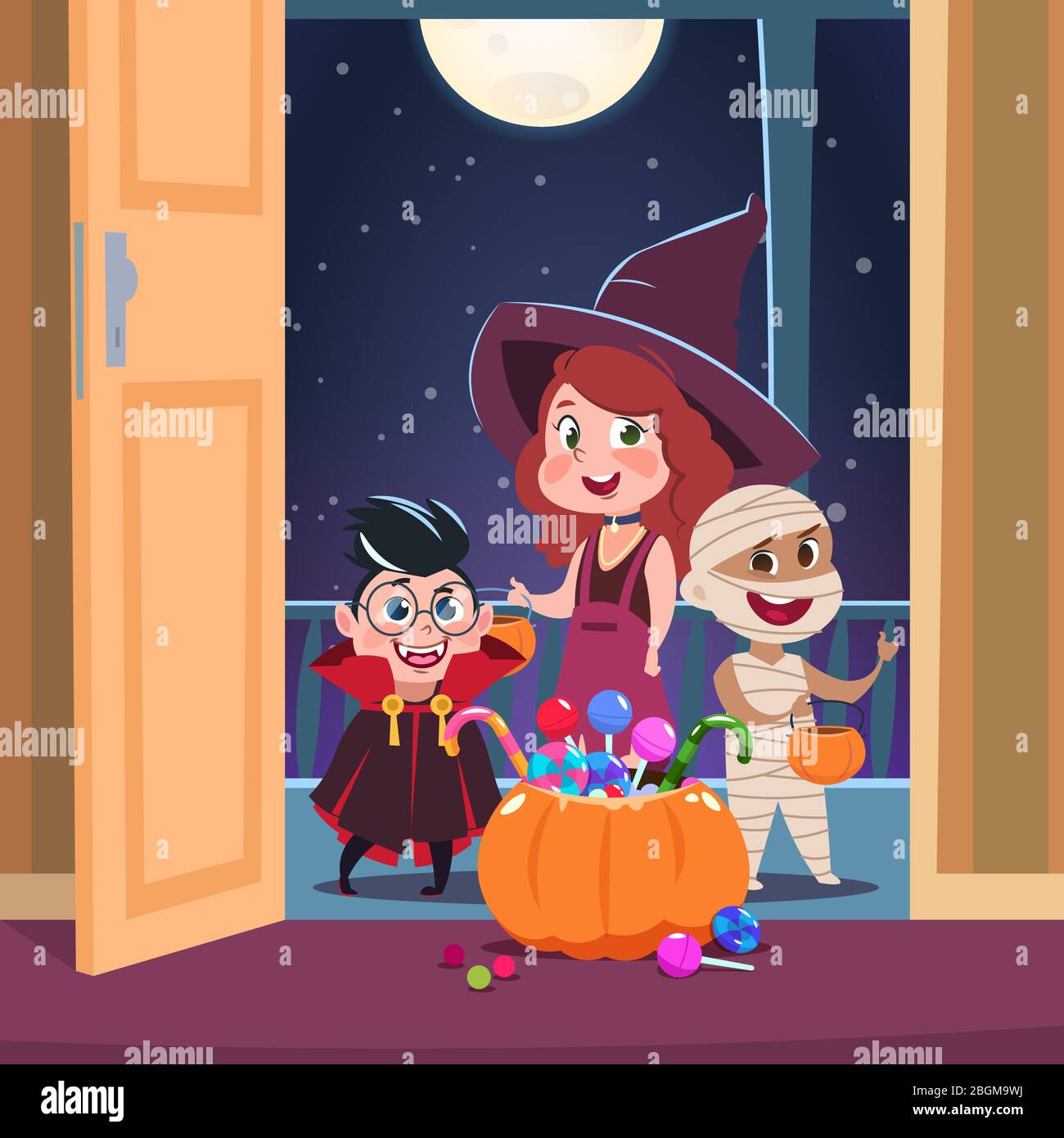 Halloween trick ou traiter fond. Les enfants déguisaient des bonbons à la porte. Concept vectoriel de vacances d'octobre. Illustration de l'ID Illustration de Vecteur