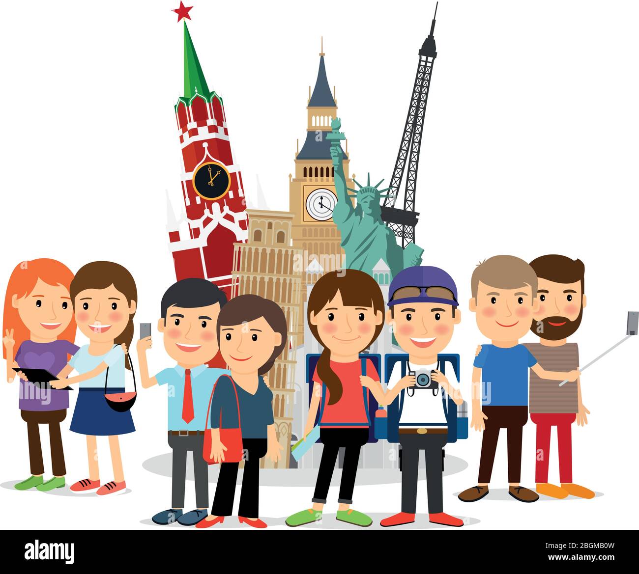 Autoportrait de voyage. Les gens qui prennent le selfie devant les monuments. Tour Eiffel, Big Ben, visite du Kremlin. Illustration vectorielle. Illustration de Vecteur