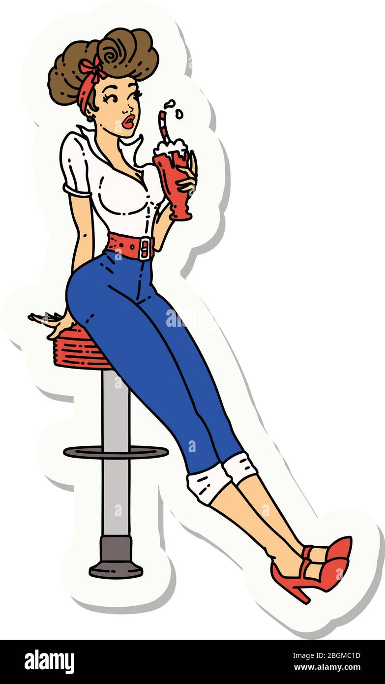 autocollant de tatouage dans le style traditionnel d'une jeune fille de pin buvant un milkshake Illustration de Vecteur