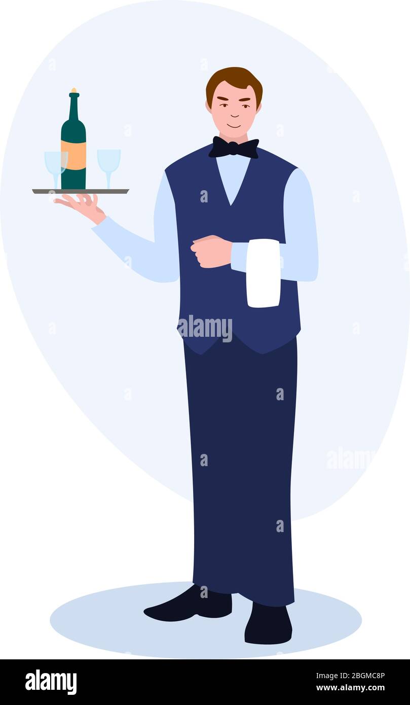 Garçon avec plateau UNE bouteille de vin et des lunettes illustration vectorielle de la collection professions. Illustration de dessin animé plate isolée sur blanc Illustration de Vecteur