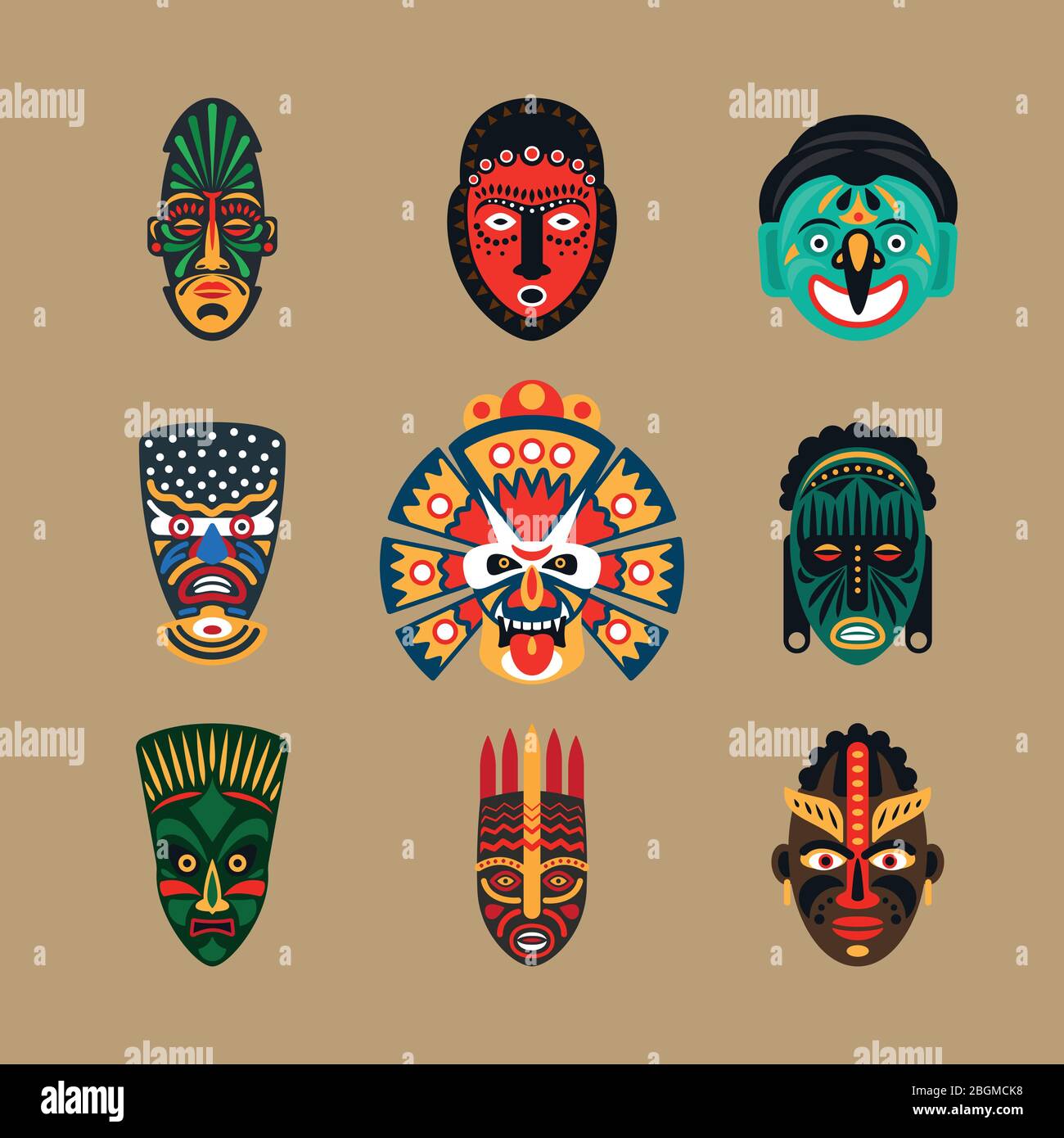Icônes de masque ethnique ou masques plats inca. L'ethnie tribale masque l'illustration vectorielle Illustration de Vecteur