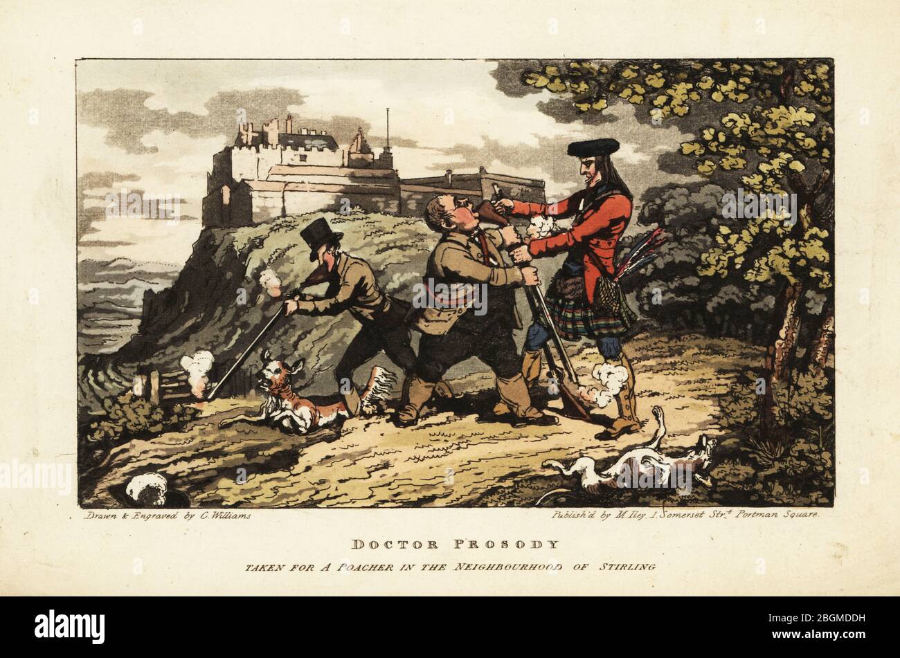 Les touristes anglais chassent dans les hauts-terres de l'Ecosse, pris par un gardien de but écossais dans le tartan kilt et les guêtres. Le docteur prosody a pris pour un poacher dans le quartier de Stirling. Gravure en copperplate dessinée et gravée par Charles Williams du Tour du Docteur prosody de William Combe, à la recherche de l'antiquité et du pittoresque, à travers l'Ecosse, les Hébrides, les îles Orkney et Shetland, Matthew Illy, Londres, 1821. Banque D'Images