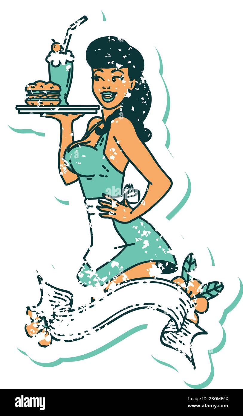 tatouage d'autocollant vieilli dans le style traditionnel d'une fille de serveuse de brochage avec bannière Illustration de Vecteur