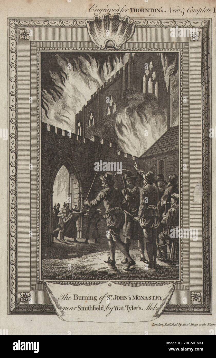 Wat Tyler brûlant le monastère de St John's, Clerkenwell. 1381 révolte paysanne 1784 Banque D'Images